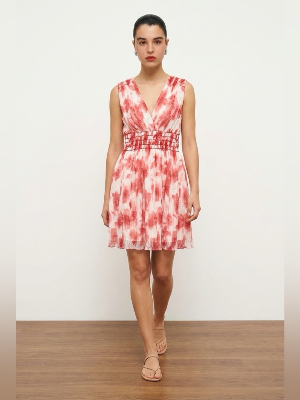 Studio M Red and White Tie-Dye V-Neck Mini Dress | Small |